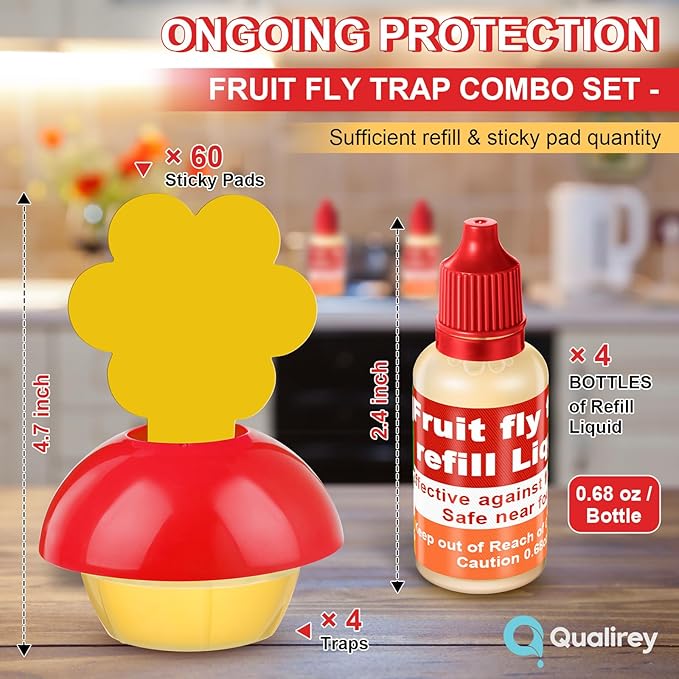 Qualirey Fruit Fly Trap for Indoors, 4 Pack Fruit Fly Trap with 4 Refill Liquid and 60 Yellow Sticky Pads, Safe Near Pets, Food and Kids, with Lure Refill Liquid for Home Kitchen (Red)