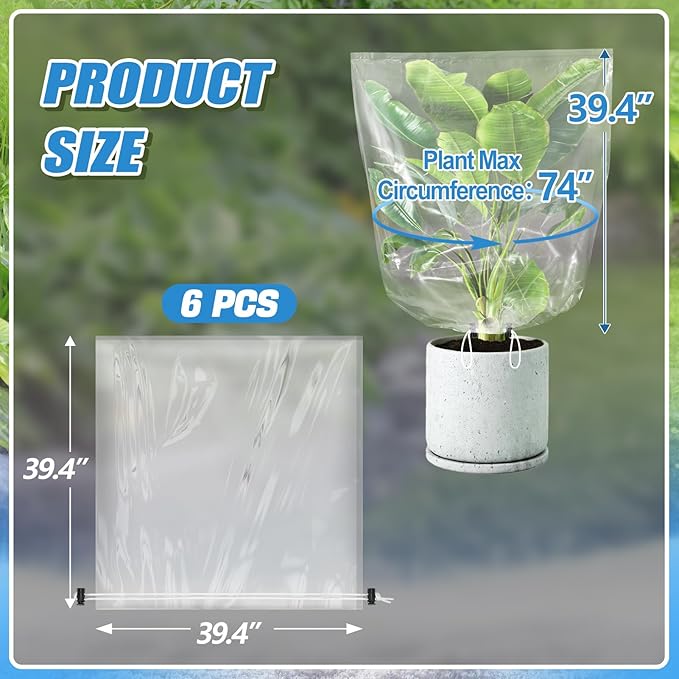 6 Pcs Winter Plant Cover Freeze Protection - 39.3" x 39.3" Plastic Plant Frost Bags with Drawstring, Transparent Waterproof Plant Shelter Coverings for Outdoors Garden Plants Shrubs Sapling Bushes