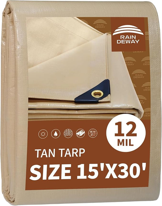 RAINDEWAY 15x30 Feet Heavy Duty Tarp,12 Mil Tan Waterproof Poly Tarp Cover,UV Resistant,Weatherproof,Durable,Multipurpose Tarps with Grommets and Reinforced Edges