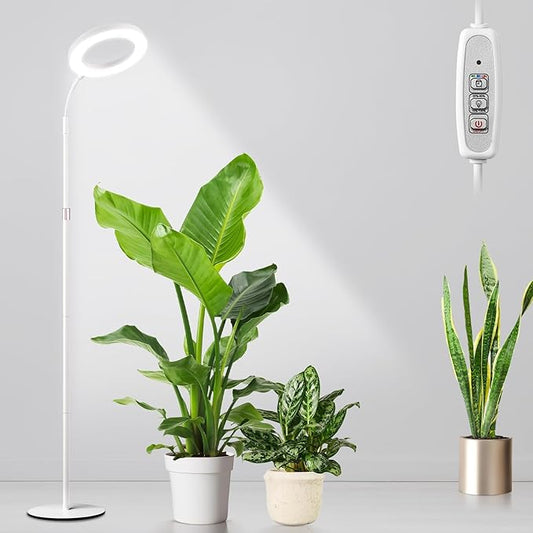 LBW Full Spectrum Grow Light with Stand – Auto Timer (4/8/12H), 4 Dimmable Levels, Adjustable Height (48.8-64.6"), Ideal for Large Indoor Plants, White