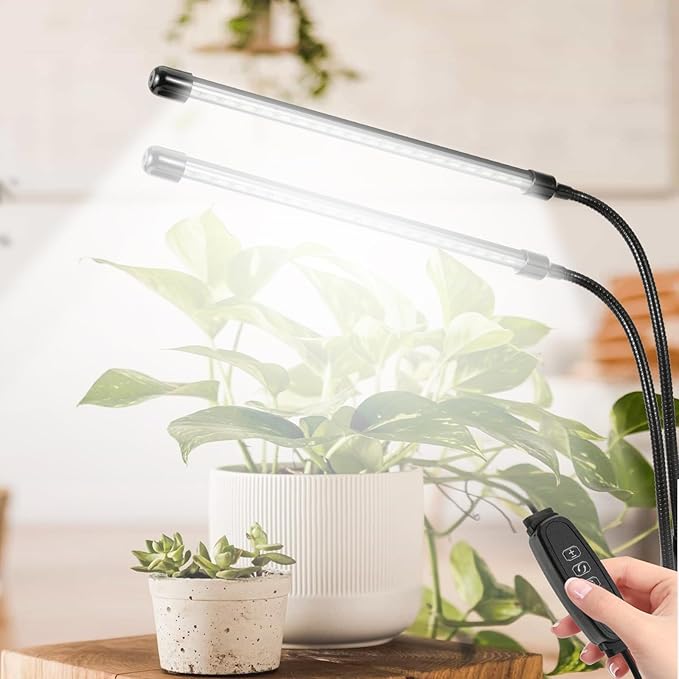 Full Spectrum Grow Lights for Indoor 6000K White Red 40 LEDs, 9-Level Dimmable Indoor Plant Growing Light for Seed Starting, Auto on/Off Clip Plant Grow Lamp, 3/9/12H Timer, Adjust Gooseneck