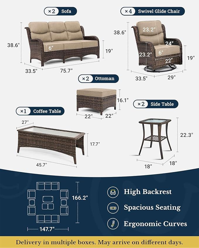 HILLGA Luxury Patio Furniture Set with 6-Inch Thick Cushions, High Back Outdoor Swivel Rocker Chairs and Patio Couch, 11-Piece All Weather Conversation Set for Porch Deck Pool Yard, Beige (V3)