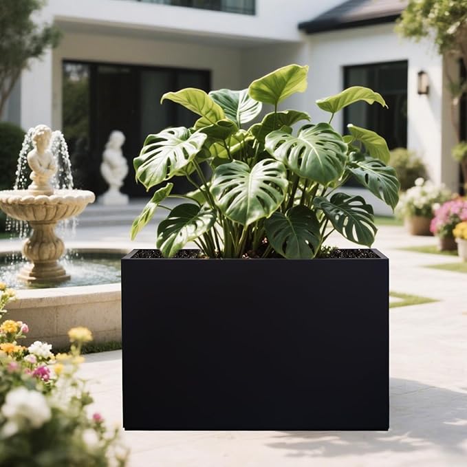 Metal Planter Box Rectangular Block - Modern Outdoor Galvanized Steel Long Box Planters All-Weather Use with Drainage Holes for Patio/Porch, 35.5×24×12IN