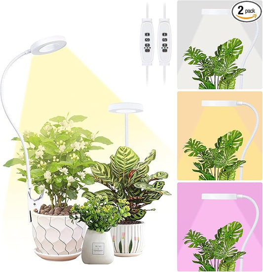 Clip on Grow Lights for Indoor Plants, 96 LEDs Full Spectrum Plant Light with Auto On/Off Timer (4/8/12H), 3 Light Modes, 10-Level Dimmable for Succulents, Small Plants (White, 2 Pack)