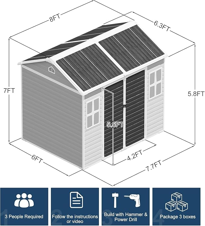 Restland 8x6 FT Resin Storage Shed with Floor & Adjustable Windows Outdoor Weather Resistant Plastic Sheds for Backyard Garden Lawn (Light Grey)