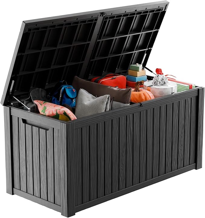 180 Gallon Deck Box,Resin Outdoor Storage Box with Lockable for Patio Furniture, Pool Accessories, Garden Tools Waterproof Outside Storage Box, Black