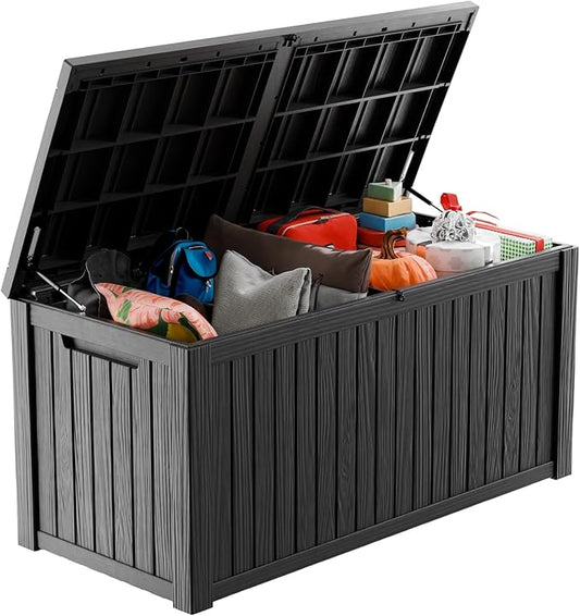 180 Gallon Deck Box,Resin Outdoor Storage Box with Lockable for Patio Furniture, Pool Accessories, Garden Tools Waterproof Outside Storage Box, Black