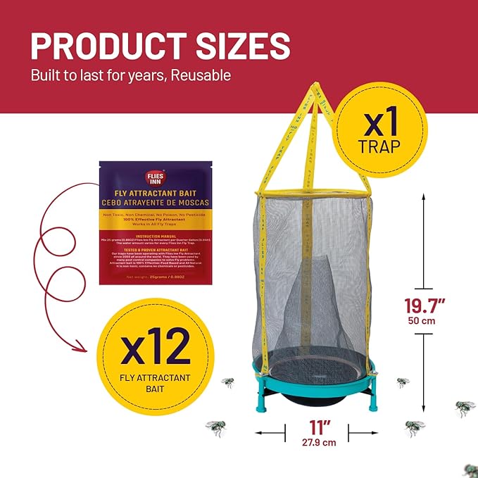 EZ Fly Cage Ranch Fly Trap with 2 Flies Inn Fly Attractant Bait Refill, Low Odor, Reusable, Built to Last for Years (1 Trap+12 Bait, 1)