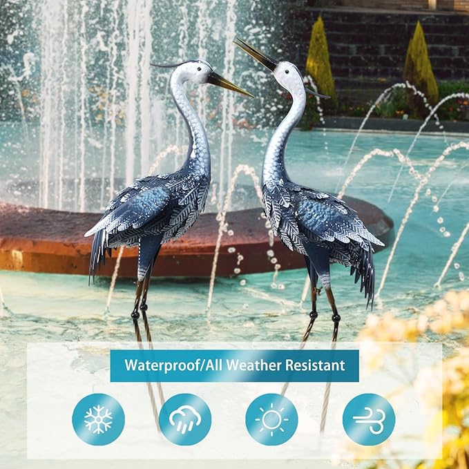 33-35 Inch Blue Heron Garden Statues for Outside, Metal Cranes for Yard Outdoor Decor, Standing Bird Sculptures for Patio, Lawn, and Backyard, Garden Sculptures & Statues, Set of 2