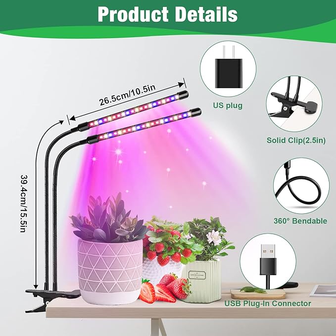 Grow Lights for Indoor Plants, Garpsen Grow Light with Red Blue Full Spectrum, 2 Heads Clip 40 LEDs Plant Light for Indoor Plants, 3 Switch Modes & Auto ON/Off, 6 12 16H Timer, 5 Dimmable Levels