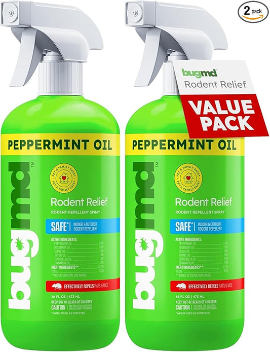BugMD Peppermint Oil Spray for Rodents (2 Pack- 16oz) Mouse Repellent & Rodent Repellent Spray, Natural Mice Repellent with Cinnamon, Clove, and Rosemary Oils - Safe Indoor & Outdoor Use