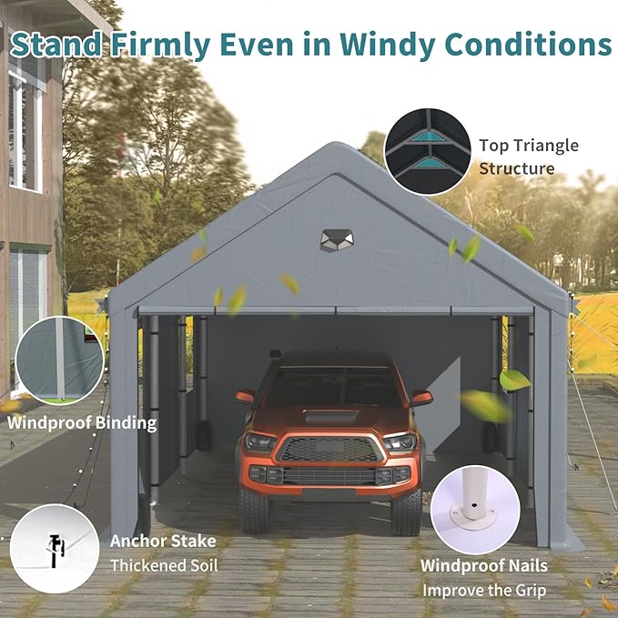 10x16FT Heavy Duty Carport Canopy,Extra Large Portable Car Tent Garage with Roll-up Windows and All-Season Tarp Cover,Removable Roof&Side Wall for Car, SUV,Boats&Truck Shelter Logic Storage