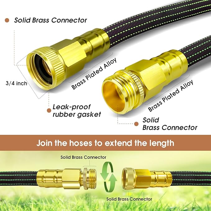 10FT Lightweight Garden Hose,Flexible Water Hose with Solid Brass Head,Kink-Free,Collapsible Hose,High Pressure Flat Water Hose for RV,Boat,Car Wash,Garden,Yard,Camper,Outdoor (GreenBlack, 10 feet)