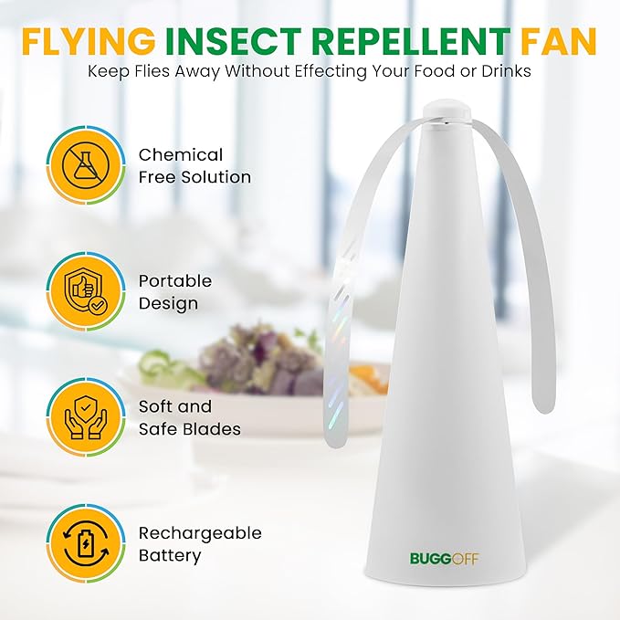 BUGGOFF Black Fly & Flying Insect Repellent Fan with Twin Blades, Table top & Hangable, Battery Powered or 5V Plug in, Batteries NOT Included. Safe Blades with Auto Stop. (1 Pack)