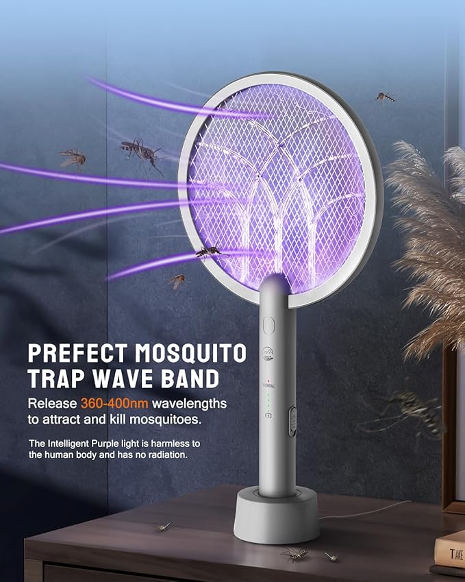 Electric Fly Swatter Racket, Mosiller 2 in 1 Smart Bug Zapper & Power Take Off Generators with USB Rechargeable Base, Powerful Mosquitoes Trap Lamp & Fly Killer for Home, Bedroom (Light Grey（1 Pack）)