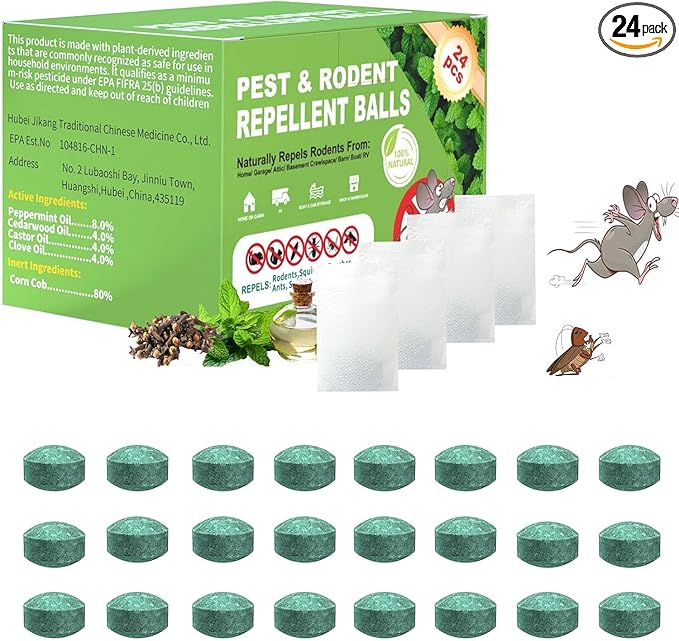 Mouse Repellent Pouches,Rodent Repellent Balls with Natural Peppermint Oil Long-Lasting Indoor & Outdoor Use – Gentle for Use Around Family & Pets-24 Pcs