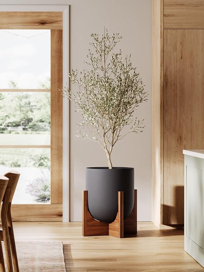 LE TAUCI 12 Inch Planter with Acacia Wood Stand, Ceramic Large Plant Pot for Indoor Plants, Cylinder Pots with Drainage Hole and Plug, Charcoal Gray