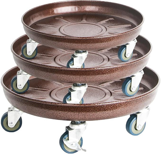 Metal Heavy Duty Plant Caddy Round Flower Pot Mover, 3 Pack Mixed of 14", 16" and 20" Rolling Plant Stand with Wheels, Indoor Outdoor Plant Dolly with Casters Planter Tray, Bronze