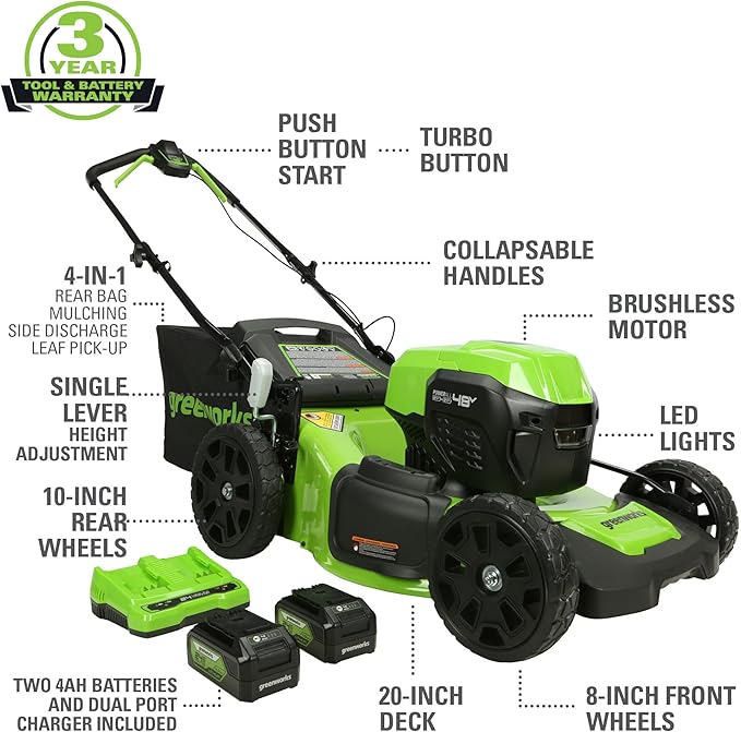 Greenworks 48V (2x24V) Lawn Mower Combo Kit with 20" Steel Deck, 12" String Trimmer, 320 CFM Blower, 10" Fan (500 CFM) – All-in-One Cordless Combo: Ideal for Home Yard Work & Indoor Cleaning