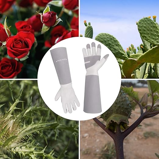 HLDD HANDLANDY Gardening Gloves for Women & Men, Leather Long Sleeve Rose Pruning Glove, Thorn Proof Garden Work Gauntlet Animal Handling Gloves (Large, Gray)