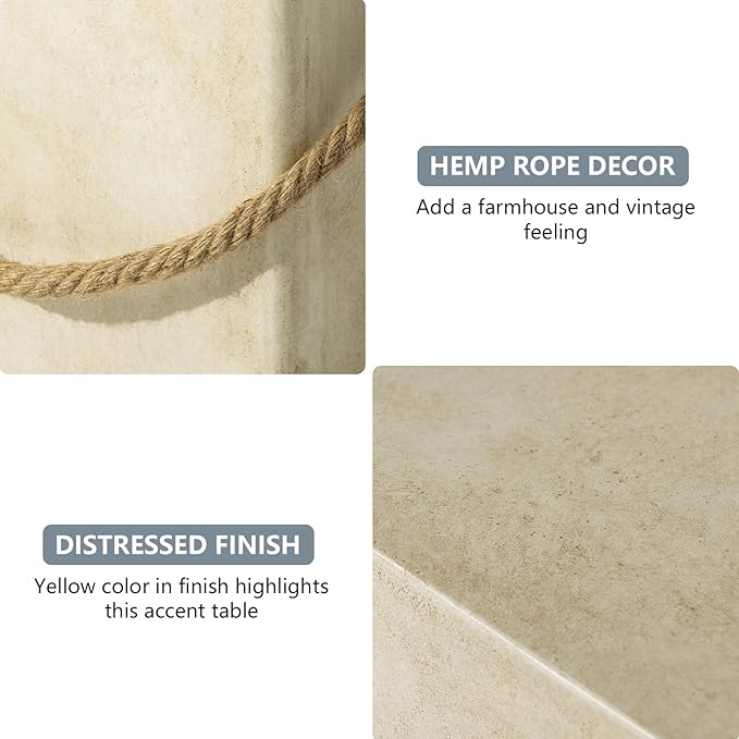 COSIEST Rectangular Concrete Side Table,15'' Outdoor Side Table w Hemp Rope Handles,Patio Side Tables Accent End Coffe Table for Garden and Patio, Beige