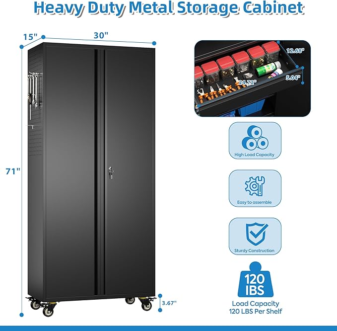 71" H*15" D*30" W Metal Garage Storage Cabinet with Wheels and Doors,Lockable Tool Storage Cabinet with Pegboard Hooks and Drawer for Garage Warehouse Home,Required Assembly,Black