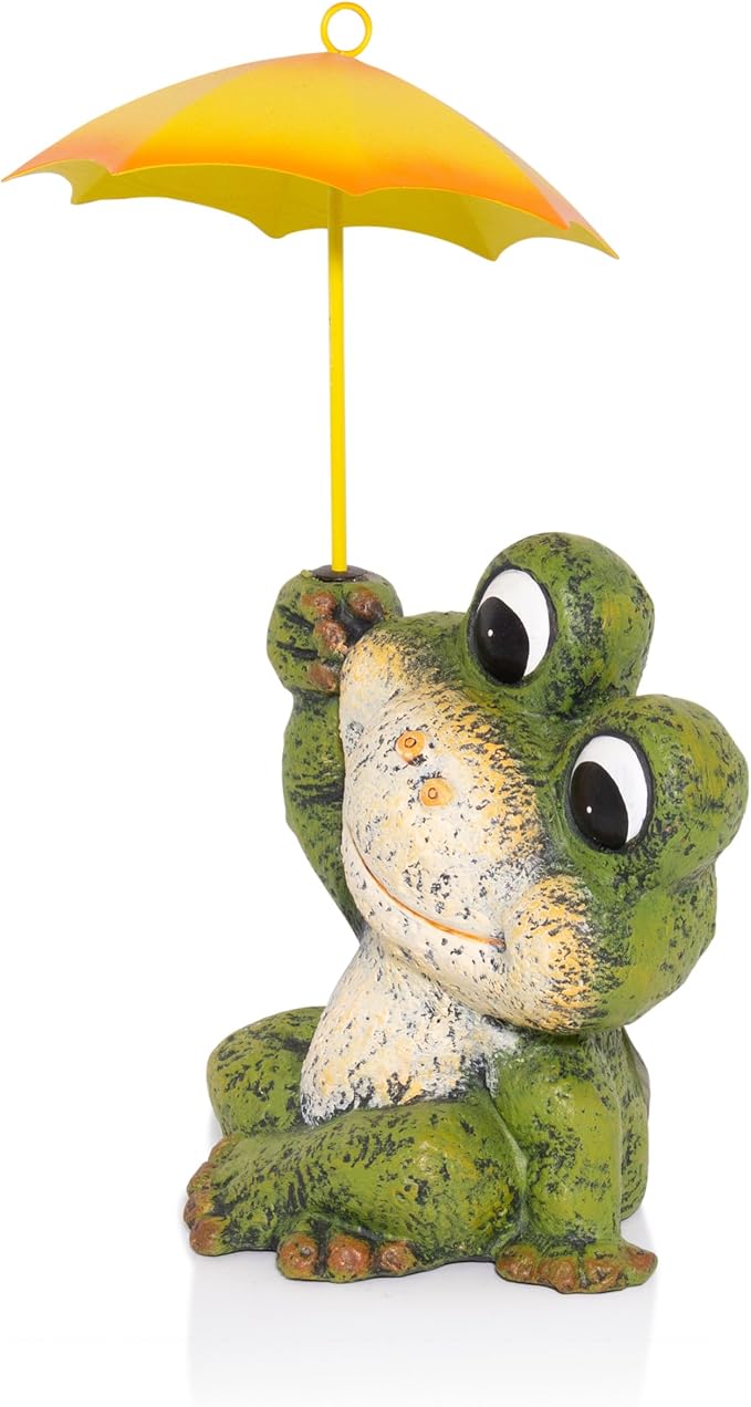 Alpine Corporation QWR1010HH 12" Tall Garden Frog Statue - Sitting Jolly Frog with Yellow Umbrella Decoration – Ceramic Yard & Patio Decor – Durable Lawn Sculpture