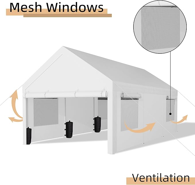 JY QAQA Carport, 10x20 FT Heavy Duty Carport with Removable Side Walls and Doors, Portable Garage with Roll-Up Window and Sandbags, Car Canopy with All-Season Tarp for Cars, Trucks, Boats, White