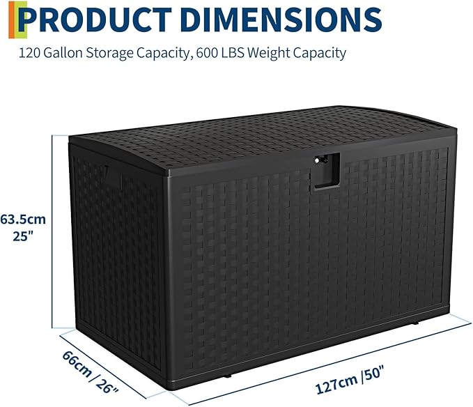 120 Gallon Outdoor Storage Box, Waterproof Deck Box, Lockable Storage Bin, Suitable for Patio Furniture, Pool Accessories, Gardening Tool, Rattan Black