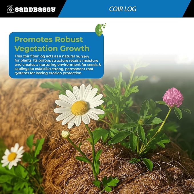 Sandbaggy Coir Fiber Log – 16" Diameter | 100% Biodegradable Erosion Control - Coconut Fiber - Slope Erosion (16" x 10 ft, 5, Count)