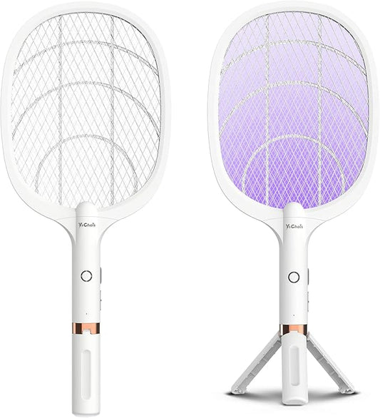 Electric Fly Swatter Racket, Rechargeable Fly Zapper - 4000 Volt, Exclusive 2-in-1 Bug Zapper Racket - USB Charging, 1800mAh Li-Battery, Indoor & Outdoor Use, White, 2 Packs