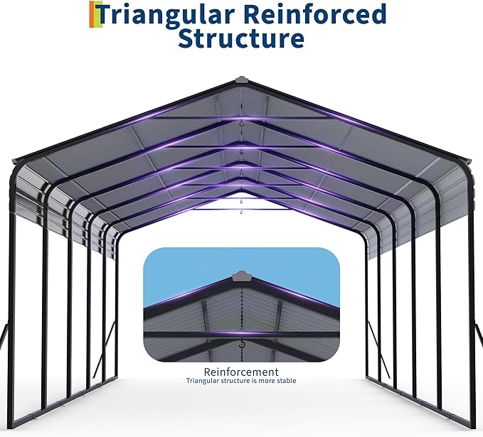 12x25 FT Heavy Duty Metal Carport with Galvanized Steel Frame & Roof, All-Weather Portable Car Garage Shelter, Metal Carports Garage for Cars, Trucks, Boats, Wind & Snow Resistant, Reinforced Base