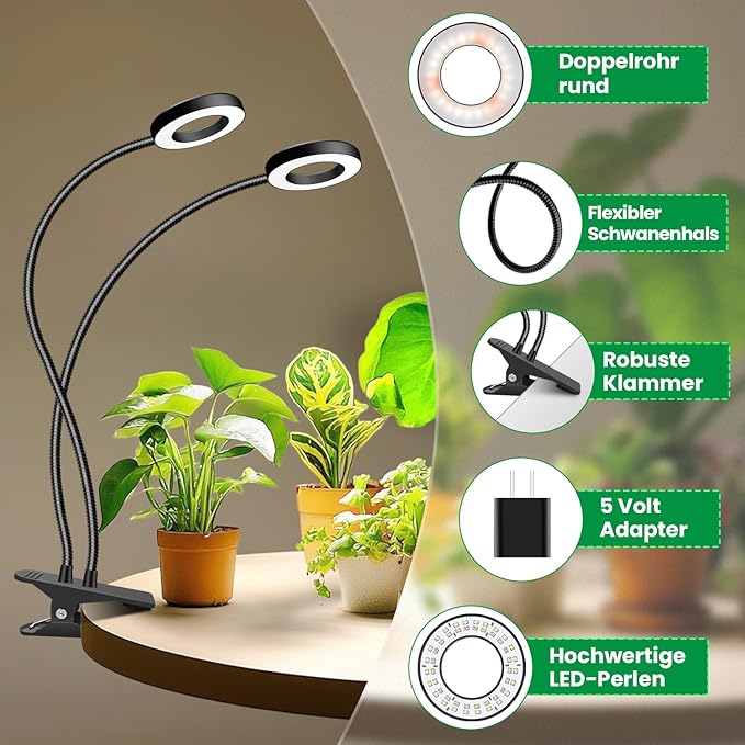 Plant Lights for indoor Growing, 2 in 1 Halo Grow Light with Clip,192 LED Full Spectrum Clip On Plant Grow Lights with 360°gooseneck,3 Spectrum Modes, 6/12/16Hrs Auto Time&5 Brightness,2 Pack