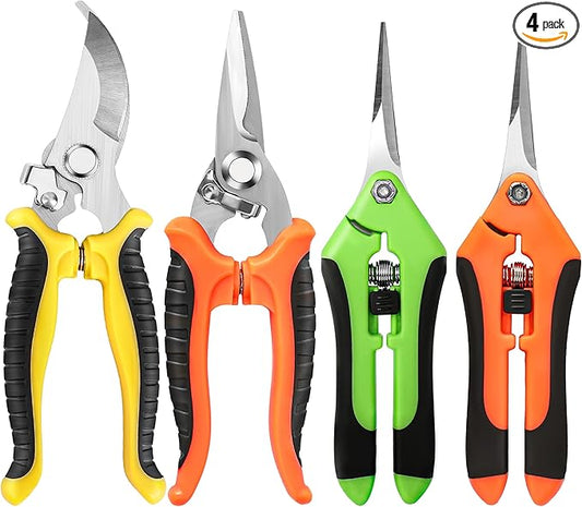 4 Pack Garden Pruning Shears, Stainless Steel Garden Shears, Gardening Shears, Garden Scissors, Clippers, Pruning Snips, Pruning Shears for Gardening Tools (4PCS Yellow Orange Green)