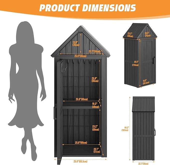 Shed Outdoor Storage Shed with Sloping Roof and Lockable Door, Resin Outdoor Storage Box Cabinet Waterproof and Multiple Hooks for Backyard, Patio, Poolside, Black