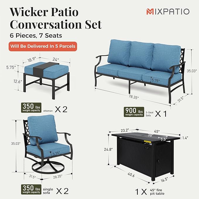 Patio Furniture Set, 6 Pcs Metal Outdoor Conversation Set, 2 Swivel Chairs, 2 Ottomans and 3 Seater Sofa with 5.75" Extra Thick Cushion and Gas Fire Pit Table, Navy Blue