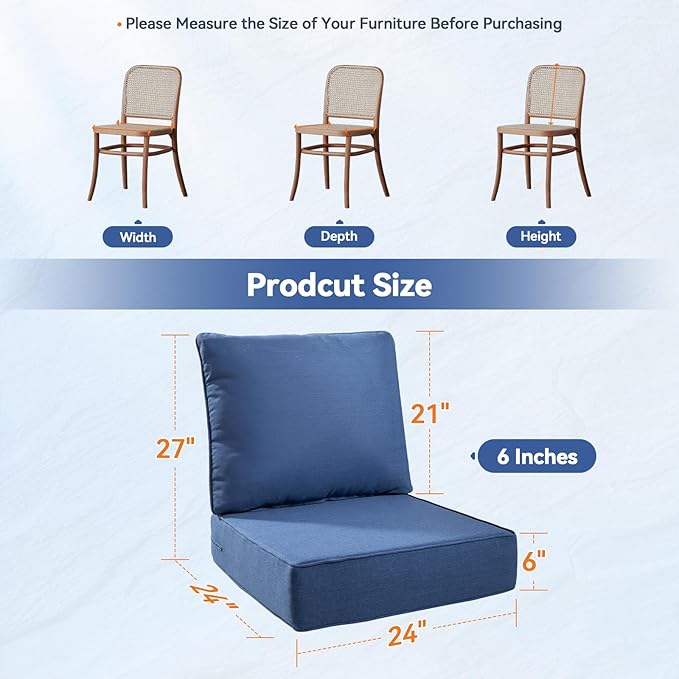 Luxury 6" Outdoor Cushions for Patio Furniture, 24x24x6 Thick Seat Cushion Set of 2, Fade Resistant Couch Chair Replacement Cushions High Density Deep Wicker Chair Cushion w/Removable Cover, Blue