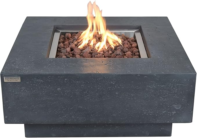 Elementi | Manhattan Gas Fire Pit Cast Concrete 36" Square Fire Table, Outdoor Fire Pit Electronic Ignition | Canvas Cover, Lava Rock Included | Dark Gray (Natural Gas)