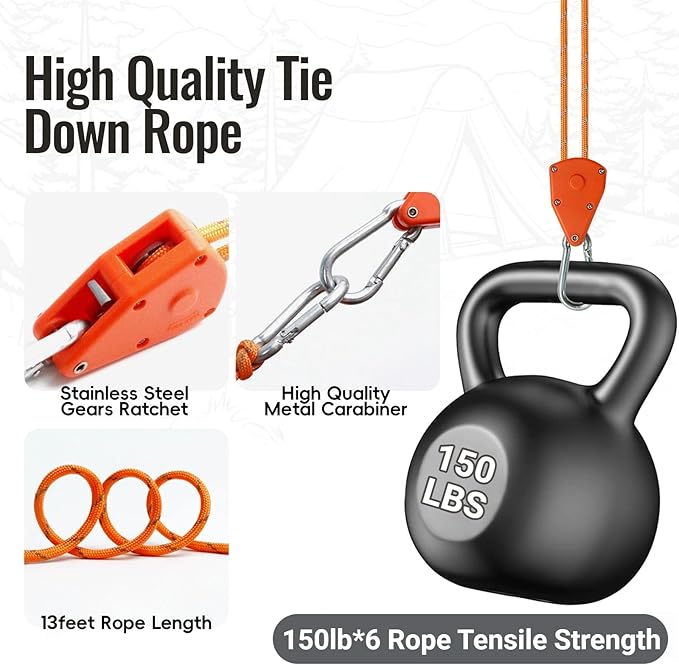 13ft Adjustable Outdoor Windproof Rope Ratchet Strap Tie Down Straps Small Mini Reflctive Paracord Rope Tent Hanger Grow Light Kayak 5/32" Black 6 Pack