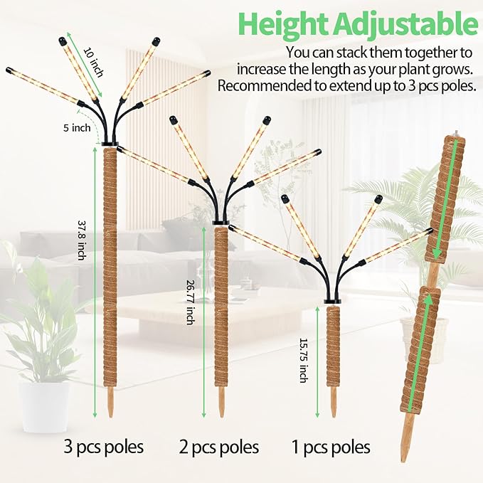 Grow Light with Moss Pole,Full Spectrum LED Plant Light for Indoor Plants,3/9/12H Timer, 10 Brightness,15-54.4 in Height Adjustable,Grow Lights with Plant Support for Monstera Indoor Climbing Potted