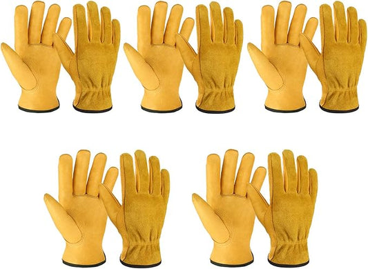 OZERO 5 Pairs Leather Work Gloves Flex Grip Tough Cowhide Gardening Glove for Wood Cutting/Construction/Truck Driving/Garden/Yard Working for Men and Women (Gold,Medium)