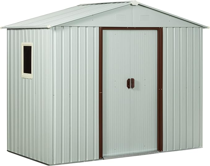 8 x 4 FT Outdoor Storage Shed with Side Window, Metal Garden Shed w/Sliding Doors & Lock, Floor Base and Air Vents, Utility Tool Storage House for Backyard Lawn, White