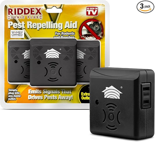 Riddex Sonic Plus Ultrasonic Pest Repeller, Plugs in with extra Outlets Indoor Use - Insect Repellent - Bug Repellents for Home Defense - Protect Against Rodents & Insects, Chemical Free(3 Pack Black)