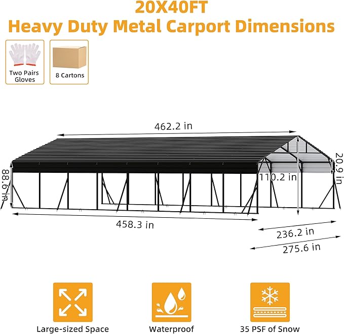 20x40FT Metal Carport Kits with Galvanized Steel Roof, Heavy Duty Metal Roof Carport with Enhanced Base, TallMetal Carports Kits Garage for Tractors, Pickup, Boat, Car