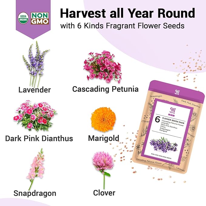 Flower Seed Pods for All Hydroponics Growing System, 8 Pods with 600+ Seeds of Marigold, Lavender, Petunia, Dark Pink Dianthus, Clover and Snapdragon