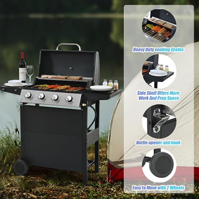 BBQ Grill, 4-Burner Stainless Steel BBQ Grill, 34,000 BTU with Shelves, Lid, Wheels, & Bottle Opener – Portable Outdoor Patio Grill for Backyard & Garden