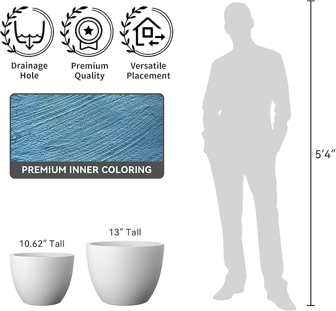 Kante 14.2 Inch Round Concrete Planter - Classic Large Indoor/Outdoor Plant Pot with Drainage Hole and Rubber Plug, Suitable for Gardens and Patios, White Finish with Aqua Blue Interior