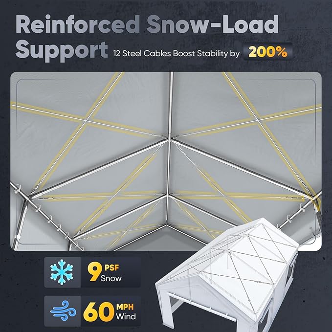 Quictent Heavy Duty 12x20 ft Carports with Side Zipper Doors & Snowproof Steel Cables & Ventilated Windows, Waterproof Storage Shelter for Car, Boat, RV, Outdoor Equipment, White