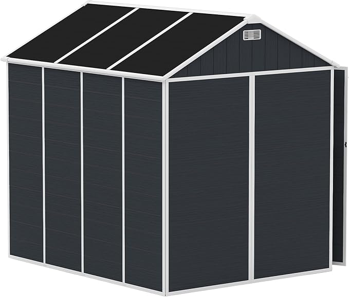 Outdoor Storage Shed 8x7 FT, Resin Shed with Floor & Window, Lockable Door, Vents, Outside Sheds & Garden Shed for Patio Furniture, Gardening Tools, Pool Equipment (Dark Gray, 8 * 7ft)