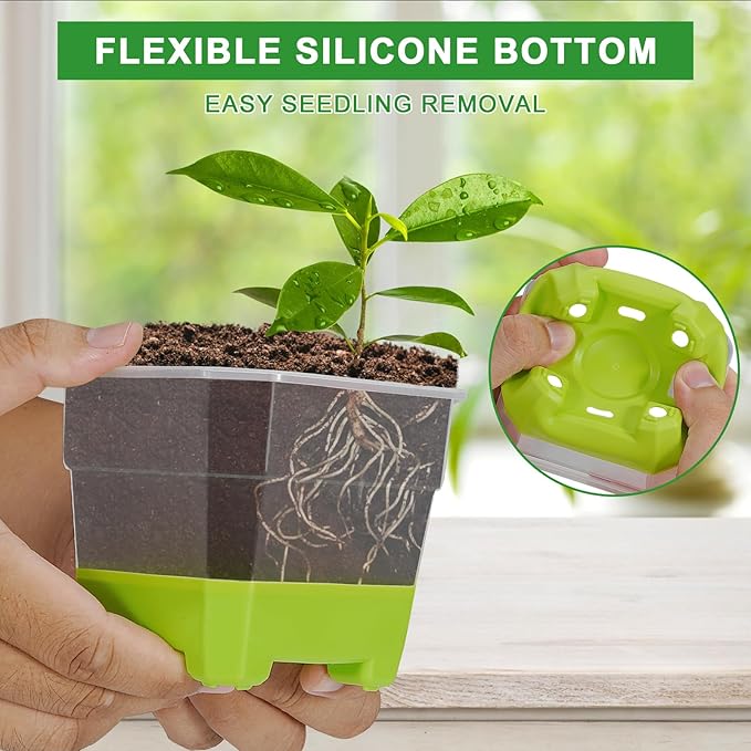 Aobiono 10 Packs 4 Inch Clear Nursery Pots with Reinforced Silicone Base for Easy Transplant, Reusable Seed Starter Seedling Small Plant Flower Pots with Drainage (Green, 10 Packs)